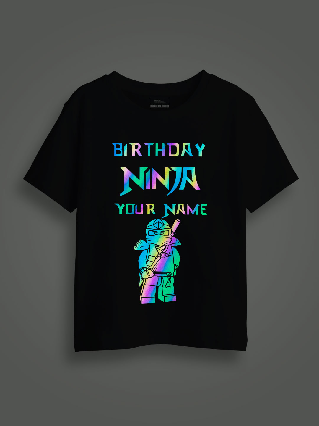 Black Cotton Birthday Ninja Rainbow Reflective Kids Glow T-shirt