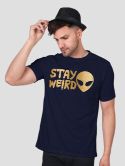 Nblue Cotton Stay Weird Men Gold Printed T-shirt