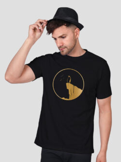Black Cotton Penguin Men Gold Printed T-shirt