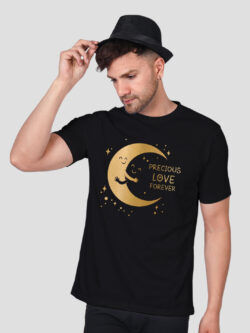 Black Cotton Moon Loves Night Men Gold Printed T-shirt
