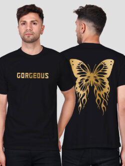 Black Cotton Gorgeous Butterfly Men Gold Printed T-shirt