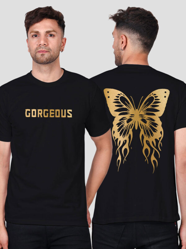 Black Cotton Gorgeous Butterfly Men Gold Printed T-shirt