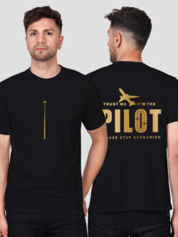 Black Cotton Pilot Men Gold Printed T-shirt