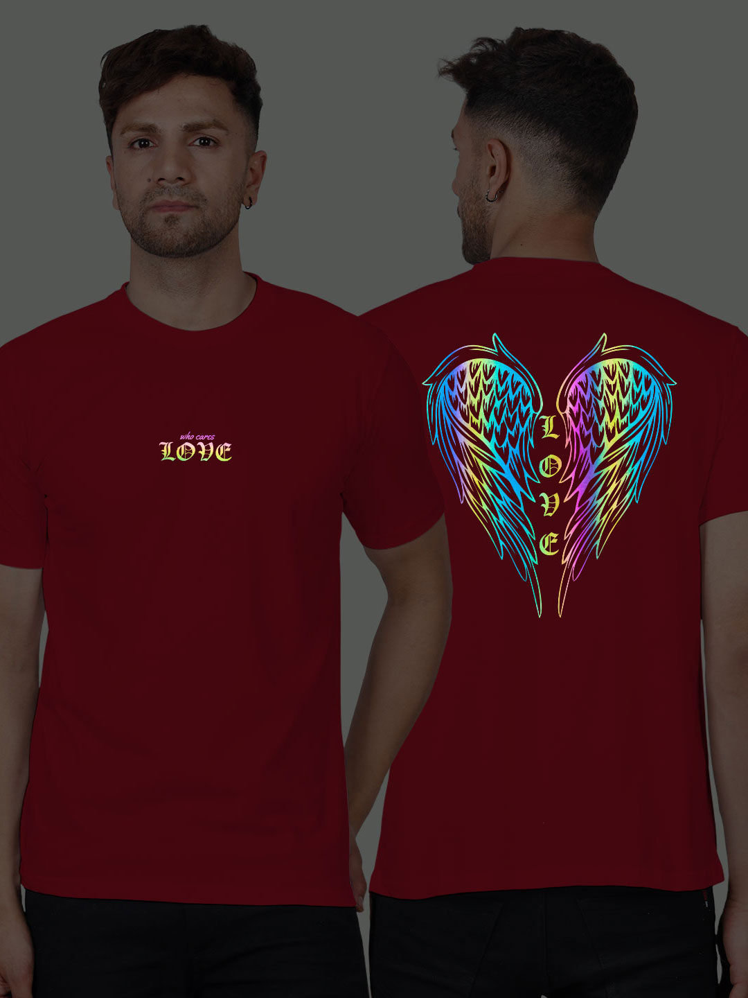 Red Cotton Love Wings Men Rainbow Reflective T-shirt