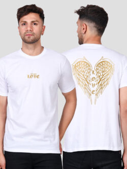 White Cotton Love Wings Men Gold Printed T-shirt