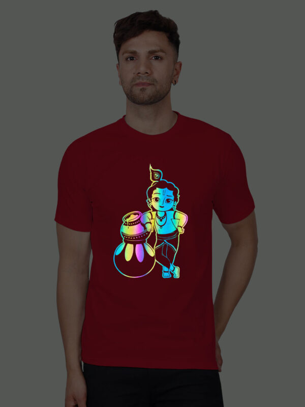 Red Cotton Krishna Men Rainbow Reflective T-shirt