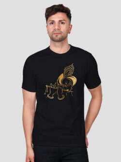 Black Cotton Flute Krishna Men Gold Printed T-shirt