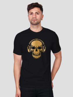 Black Cotton Music Lover Skull Men Gold Printed T-shirt