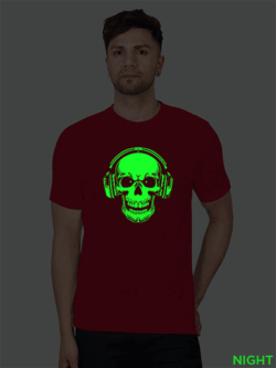 Red Cotton Music Lover Skull Men Glow in Dark T-shirt