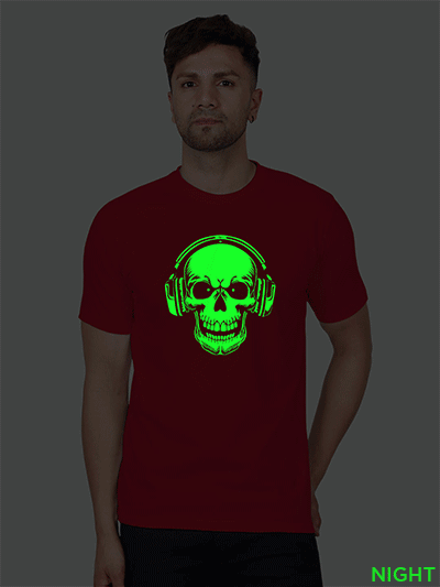 Red Cotton Music Lover Skull Men Glow in Dark T-shirt