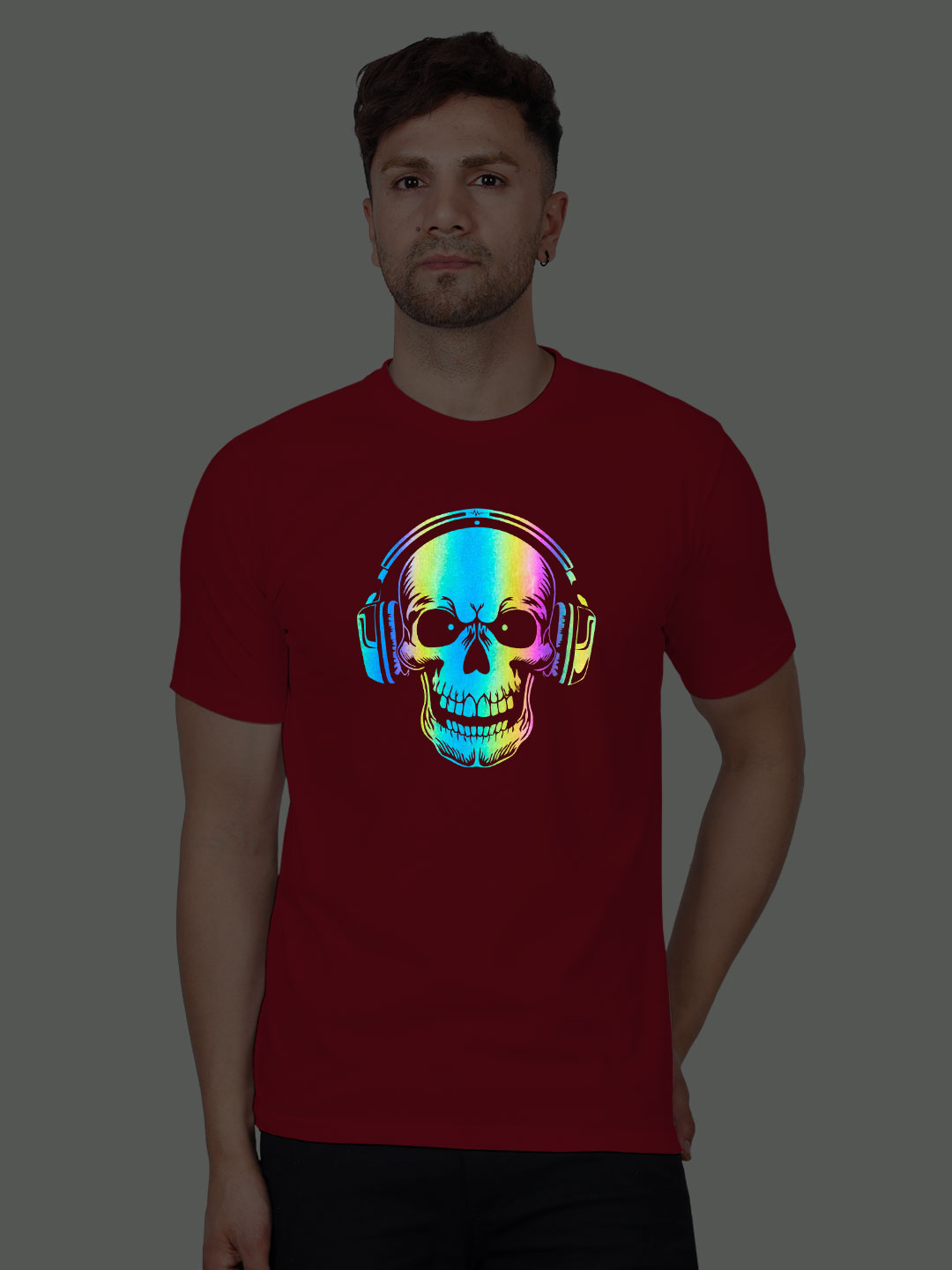 Red Cotton Music Lover Skull Men Rainbow Reflective T-shirt