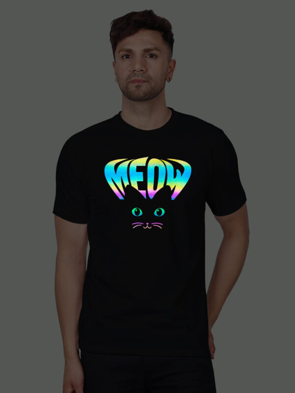 Black Cotton Meow Cat Eye Men Rainbow Reflective T-shirt
