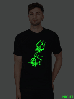 Black Cotton Shiva Trishul Men Glow in Dark T-shirt