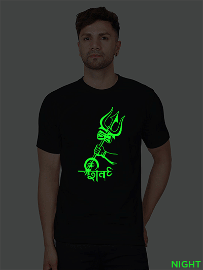 Black Cotton Shiva Trishul Men Glow in Dark T-shirt