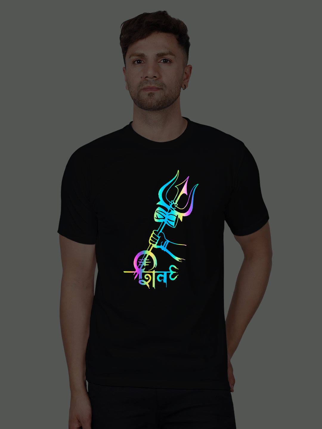 Black Cotton Shiva Trishul Men Rainbow Reflective T-shirt