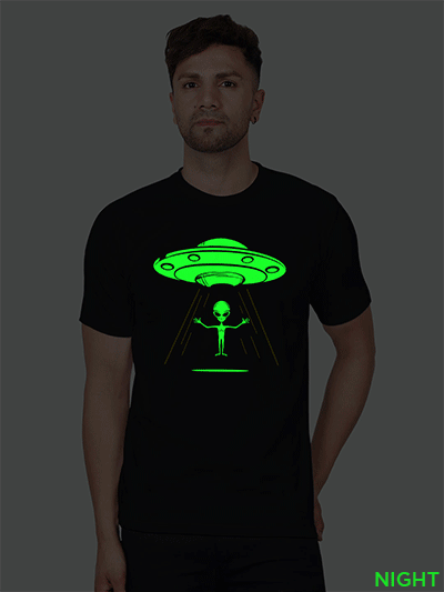 Black Cotton Alien Men Glow in Dark T-shirt