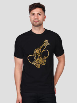 Black Cotton Spider Man Men Gold Printed T-shirt