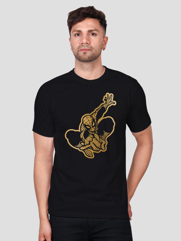 Black Cotton Spider Man Men Gold Printed T-shirt