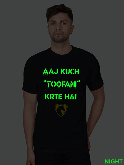 Black Cotton Aaj Kuch Toofani Karte Hai Men Glow in Dark T-shirt