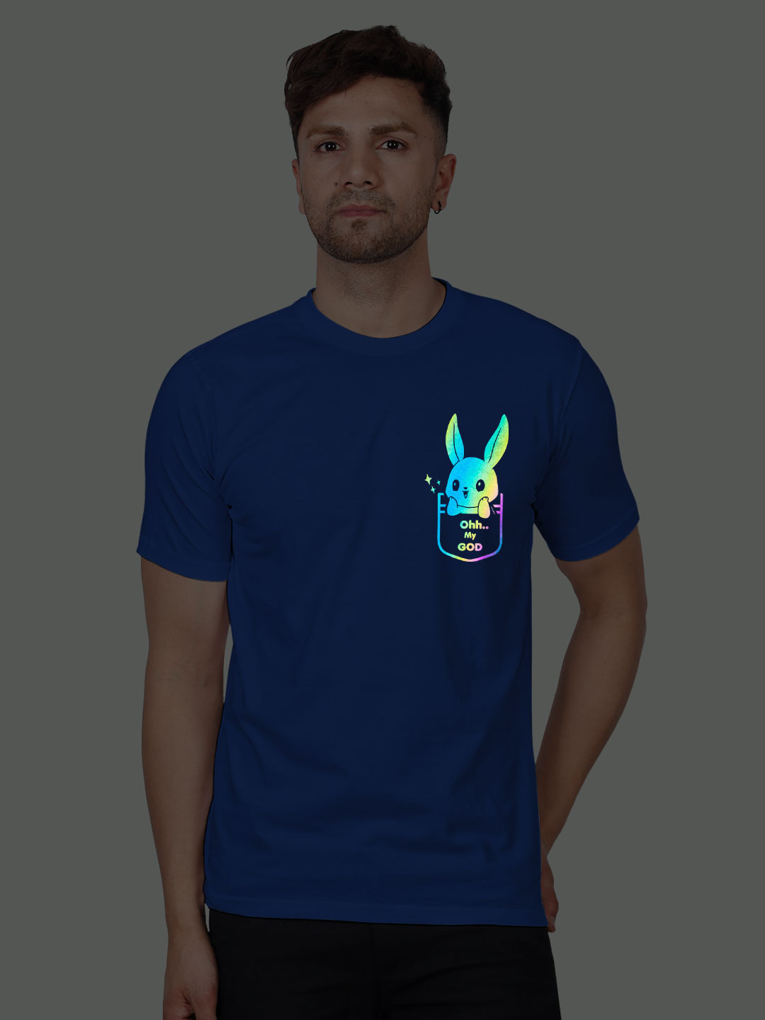 Rblue Cotton Cute Rabbit OMG Men Rainbow Reflective T-shirt