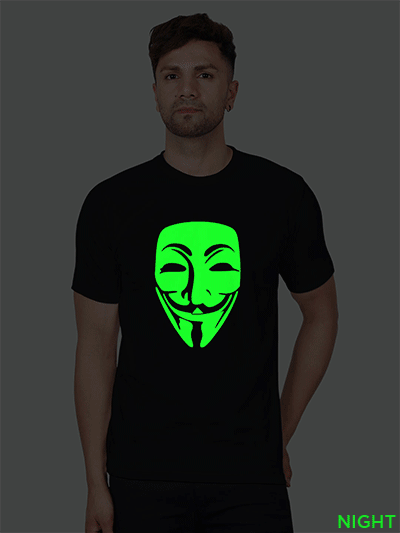 Black Cotton Hacker Face Men Glow in Dark T-shirt