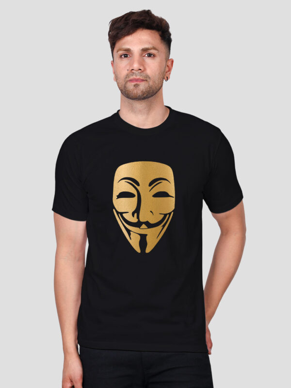 Black Cotton Hacker Face Men Gold Printed T-shirt