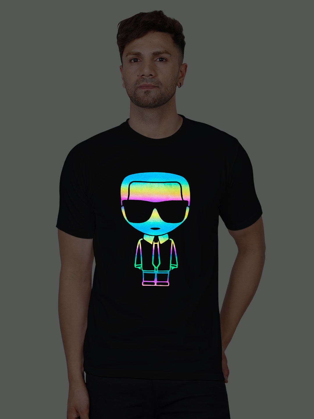 Black Cotton Gentle Man Men Rainbow Reflective T-shirt