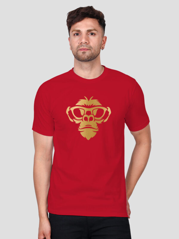Red Cotton Monkey Face Men Gold Printed T-shirt