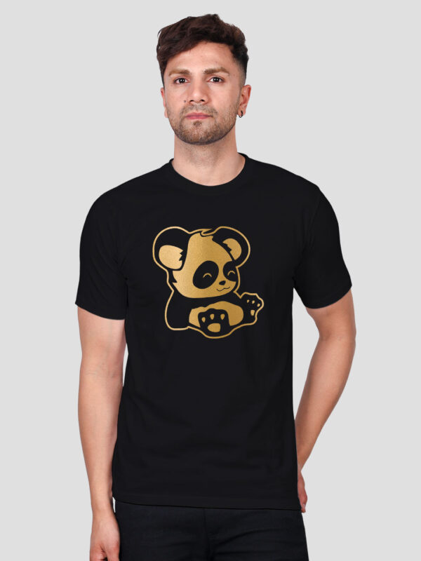 Black Cotton Lazy Panda Men Gold Printed T-shirt