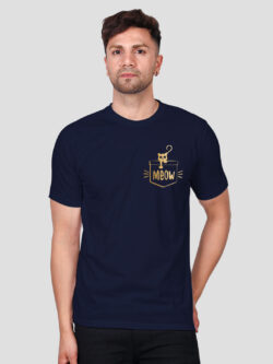 Nblue Cotton Pocket Meow Cat Men Gold Printed T-shirt