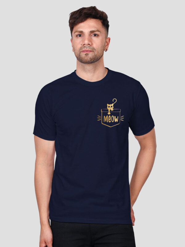 Nblue Cotton Pocket Meow Cat Men Gold Printed T-shirt