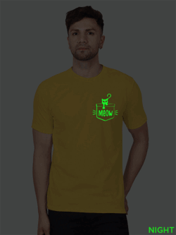 Yellow Cotton Pocket Meow Cat Men Glow in Dark T-shirt