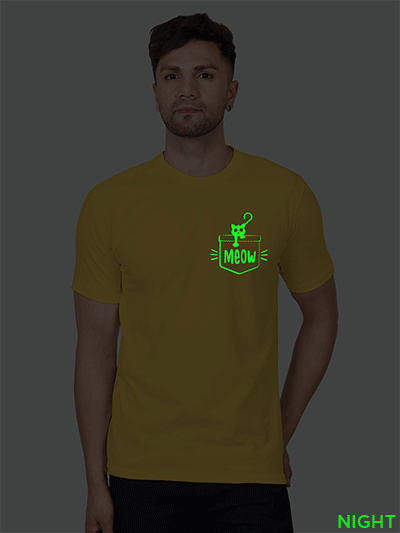 Yellow Cotton Pocket Meow Cat Men Glow in Dark T-shirt