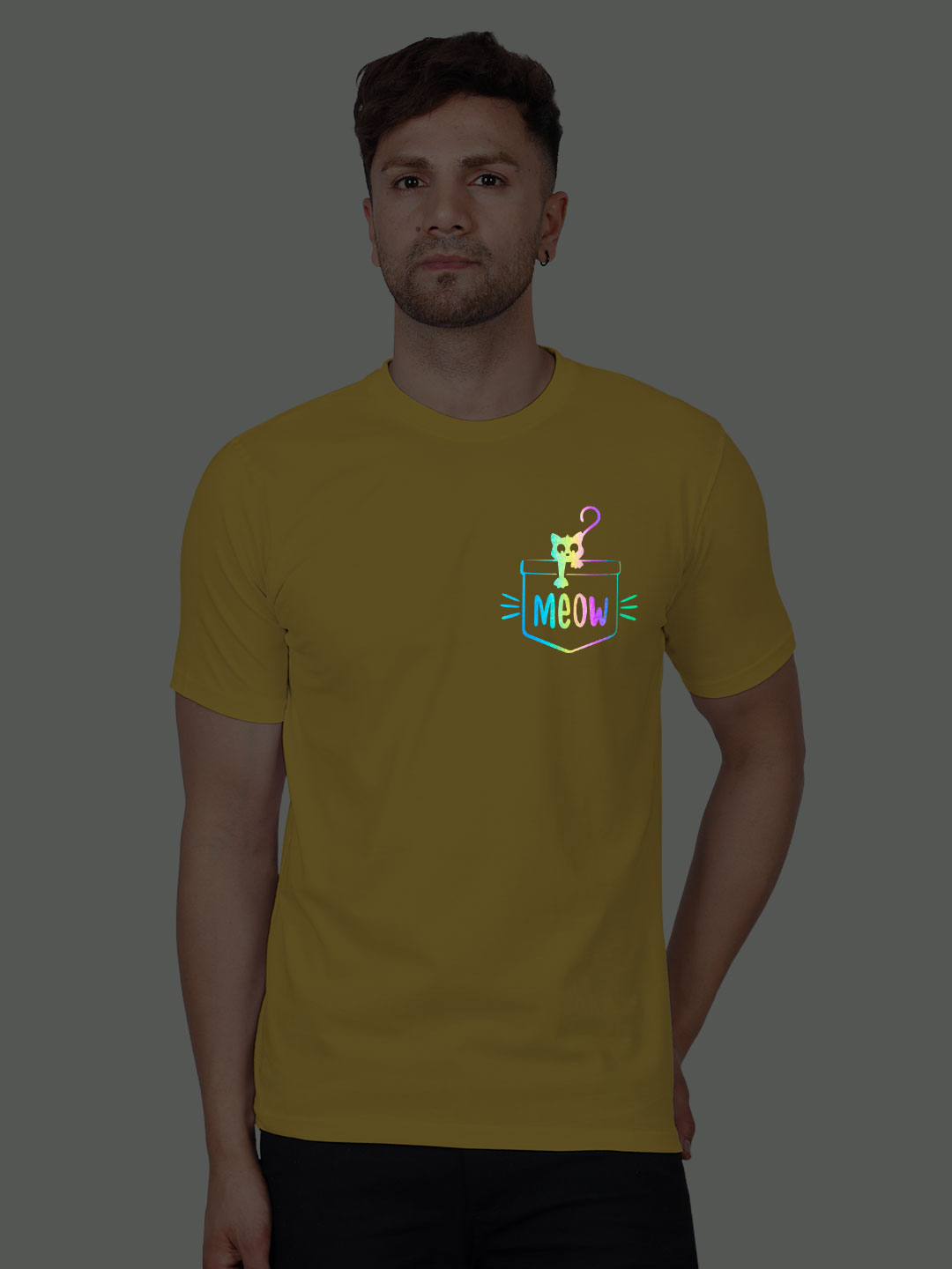 Yellow Cotton Pocket Meow Cat Men Rainbow Reflective T-shirt