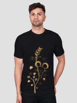 Black Cotton Cute Rat Butterfly Men Gold Printed T-shirt