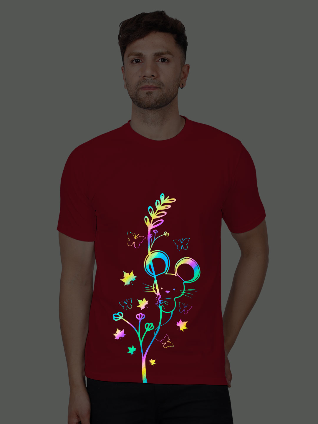Red Cotton Cute Rat Butterfly Men Rainbow Reflective T-shirt