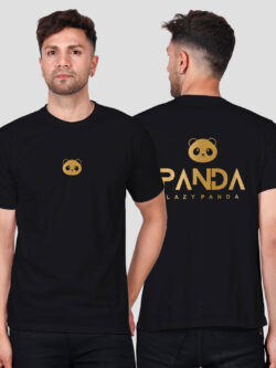 Black Cotton Lazy Panda Face Men Gold Printed T-shirt