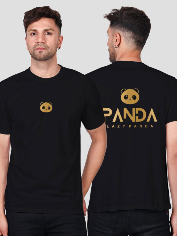 Black Cotton Lazy Panda Face Men Gold Printed T-shirt