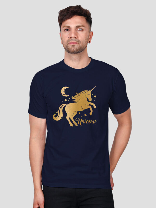 Nblue Cotton Unicorn Horse Men Gold Printed T-shirt