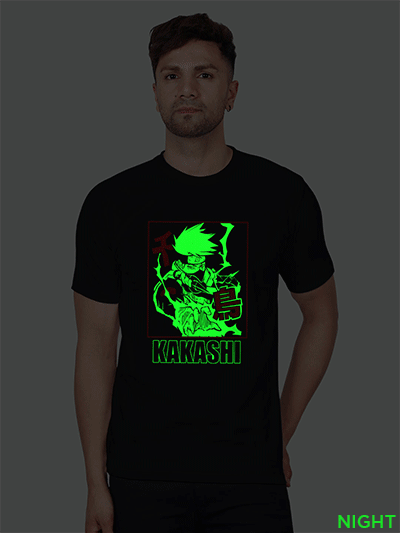 Black Cotton Kakashi Men Glow in Dark T-shirt