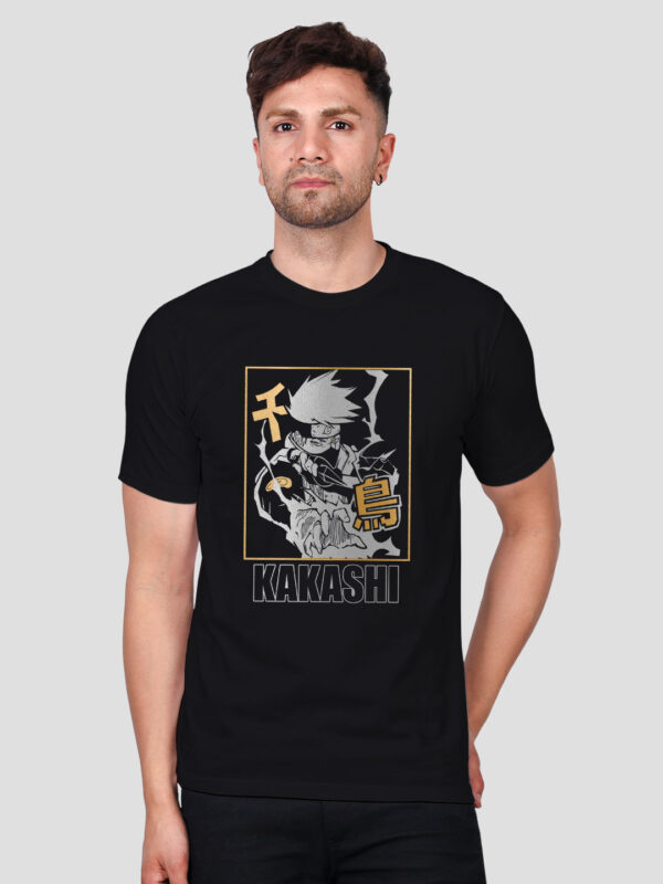 Black Cotton Kakashi Men Gold Printed T-shirt