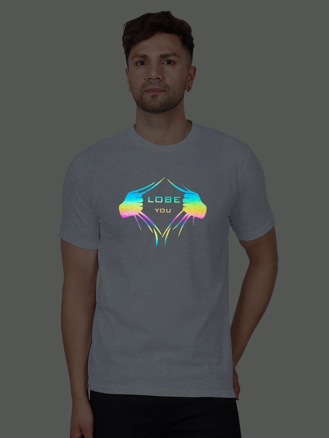 Grey Cotton Lobe You Men Rainbow Reflective T-shirt