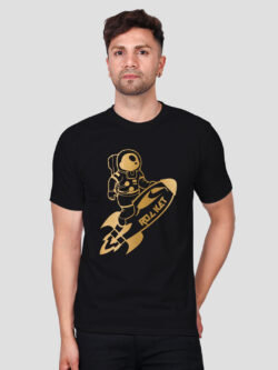 Black Cotton Astronaut Rocket Men Gold Printed T-shirt