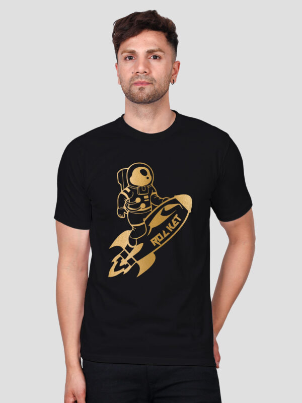 Black Cotton Astronaut Rocket Men Gold Printed T-shirt