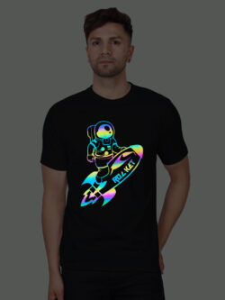 Black Cotton Astronaut Rocket Men Rainbow Reflective T-shirt