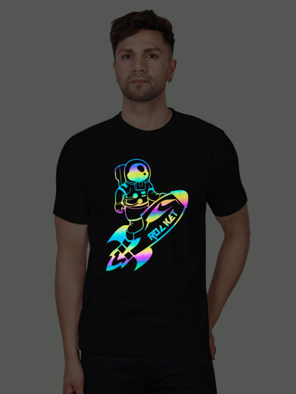 Black Cotton Astronaut Rocket Men Rainbow Reflective T-shirt