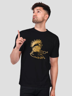 Black Cotton Naruto Uzumaki Men Gold Printed T-shirt