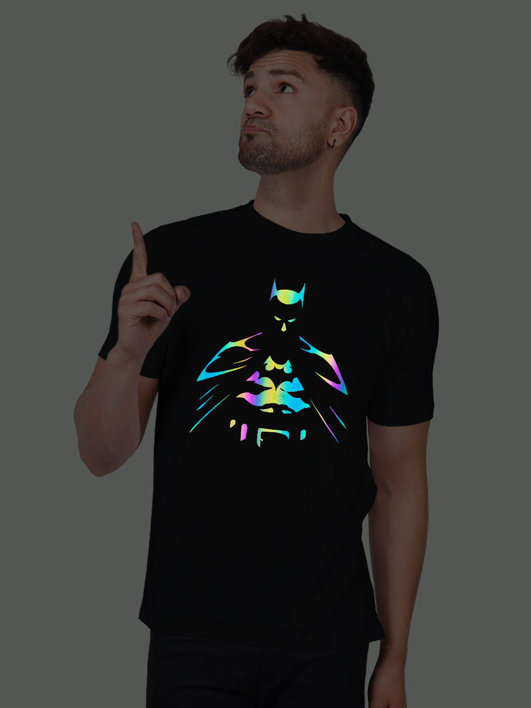 Black Cotton Batman Men Rainbow Reflective T-shirt