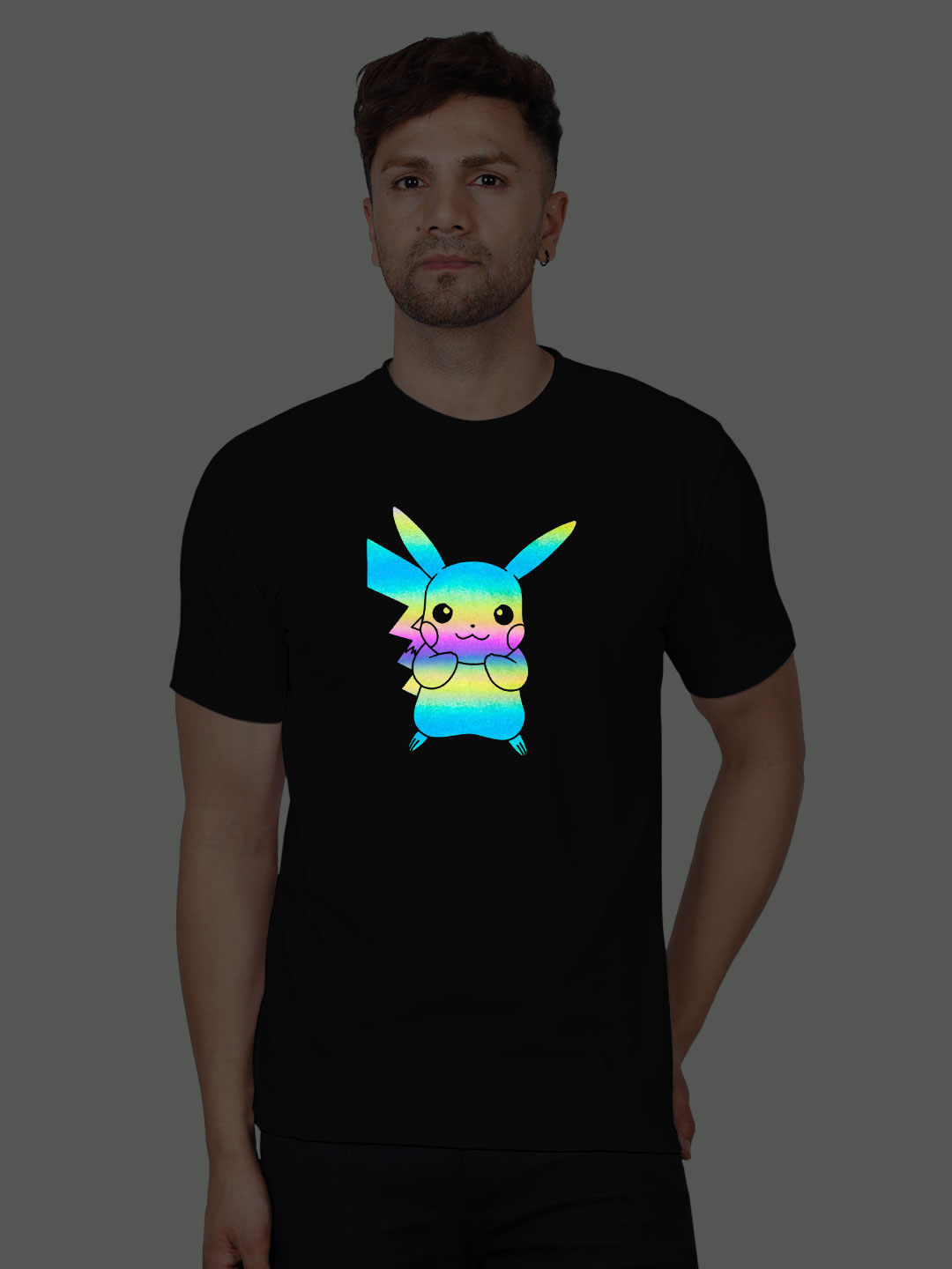 Black Cotton Cute Pickachu Men Rainbow Reflective T-shirt