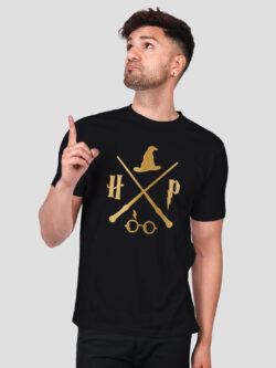 Black Cotton Harry Poter Halloween Men Gold Printed T-shirt
